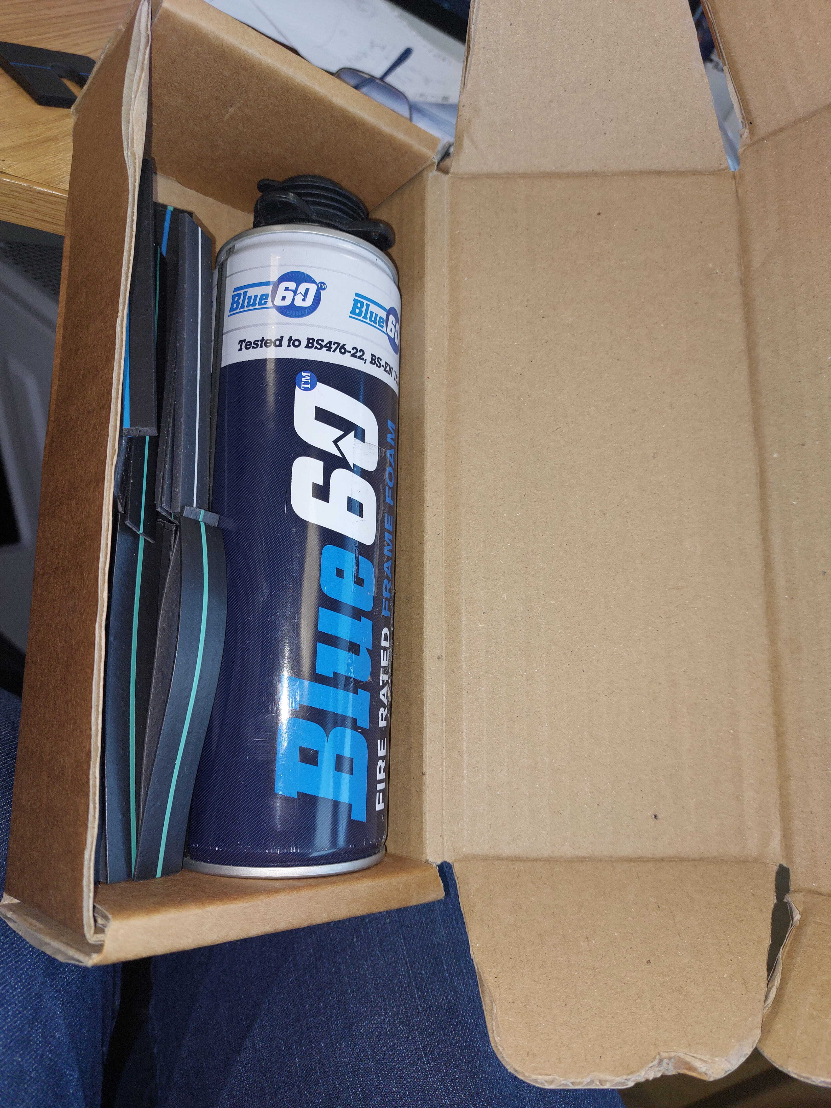 Blue60 fire foam which has been packed in a box before shipping.